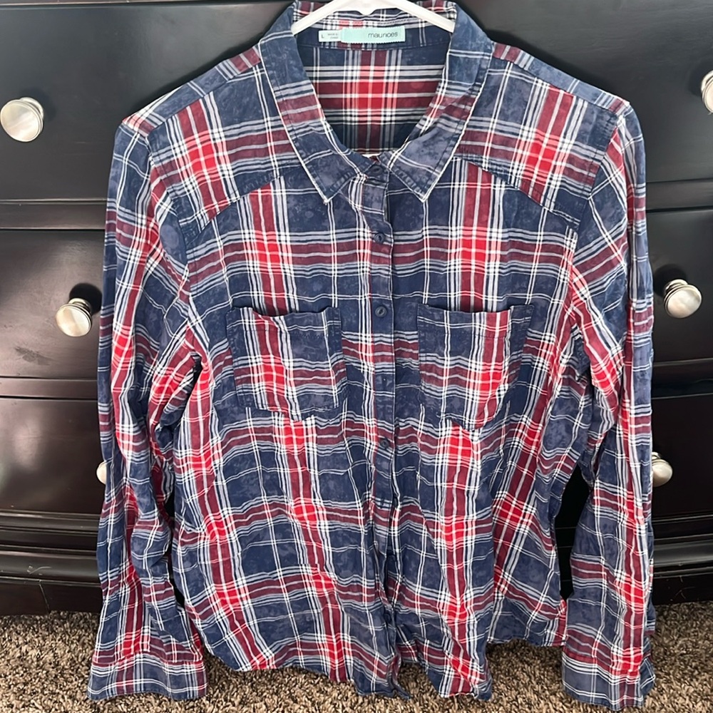 Red white and blue plaid large button up blouse
